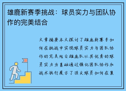 雄鹿新赛季挑战：球员实力与团队协作的完美结合